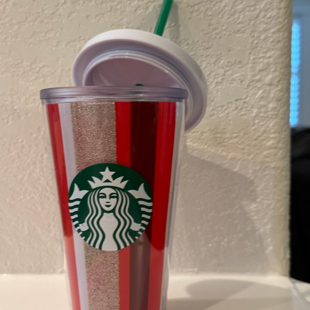 Starbucks Tumbler Cup Red White Brown Glitter Stripe Reusable Travel Mug Lid - Picture 3 of 11